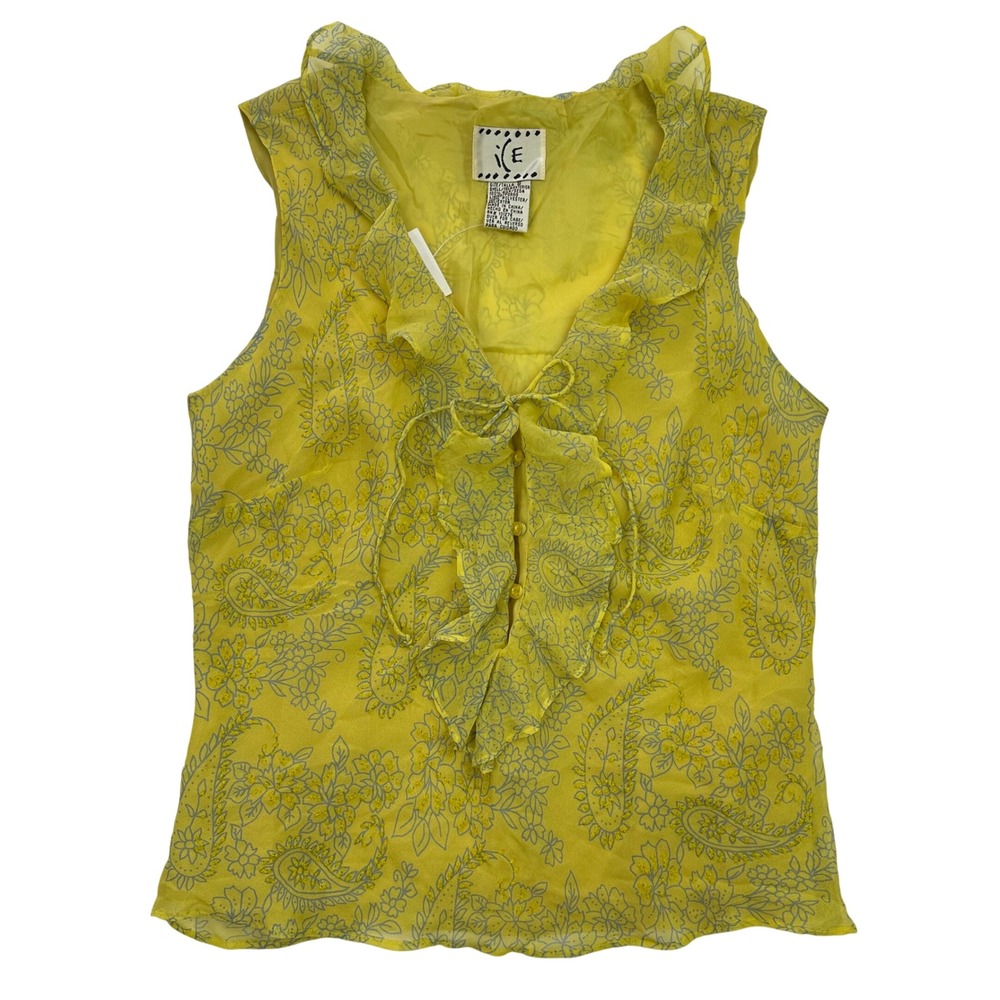 Vintage i.e. Women's Small Yellow Paisley Ruffle Sheer Sleeveless Blouse Top